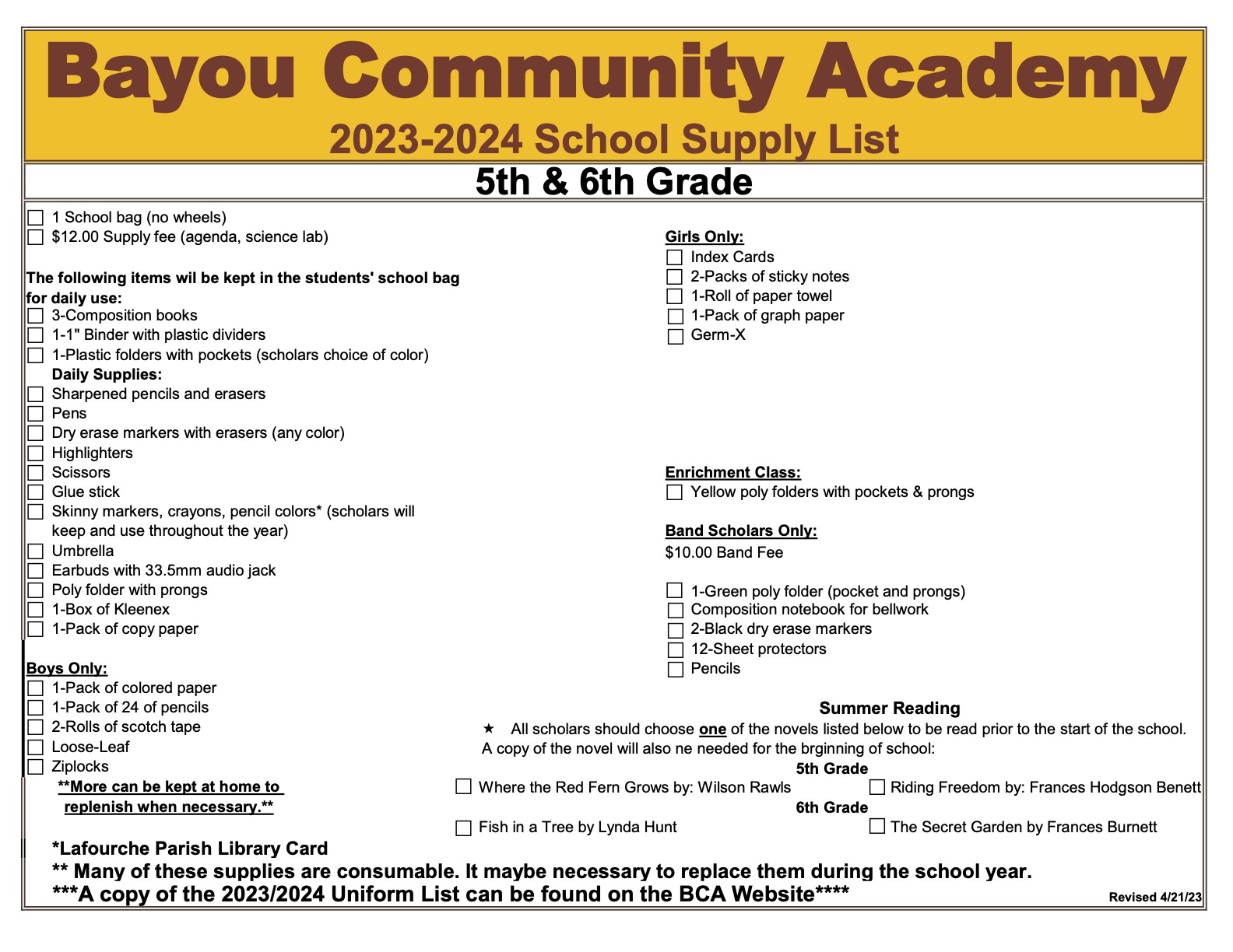 5th & 6th Grade Supply List