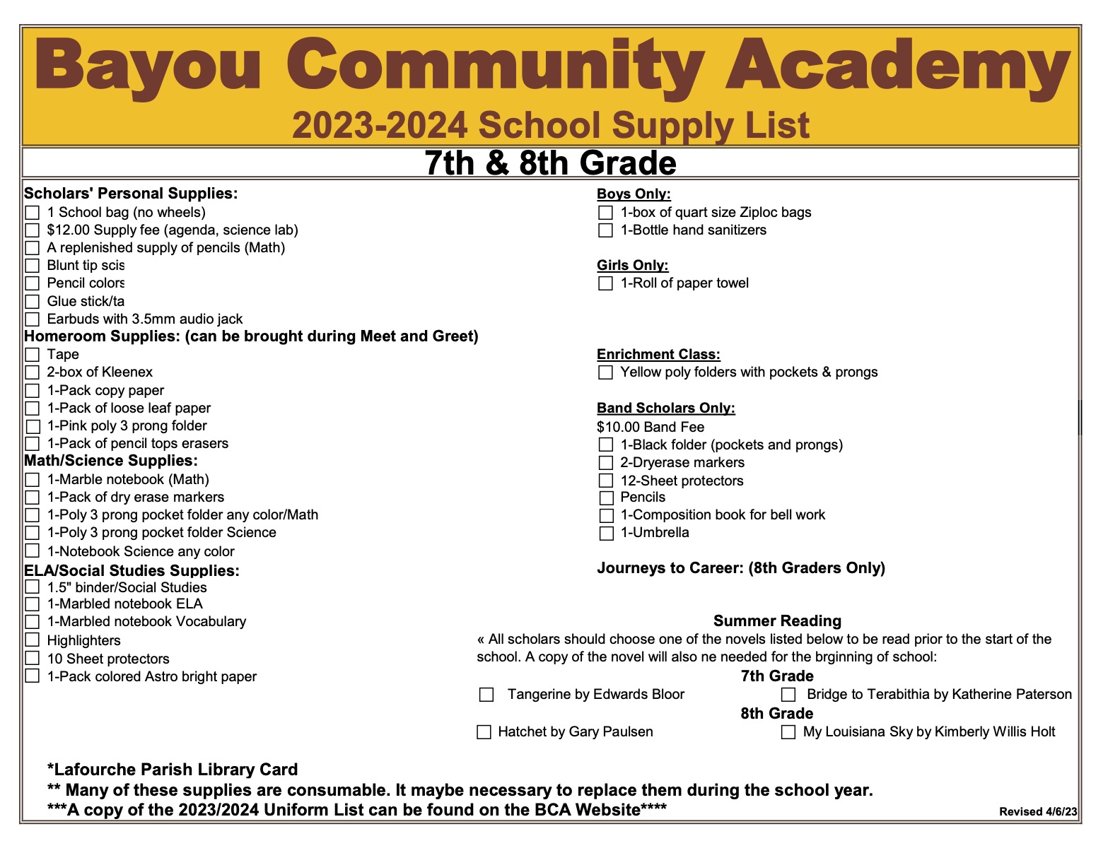 7th & 8th Grade Supply List