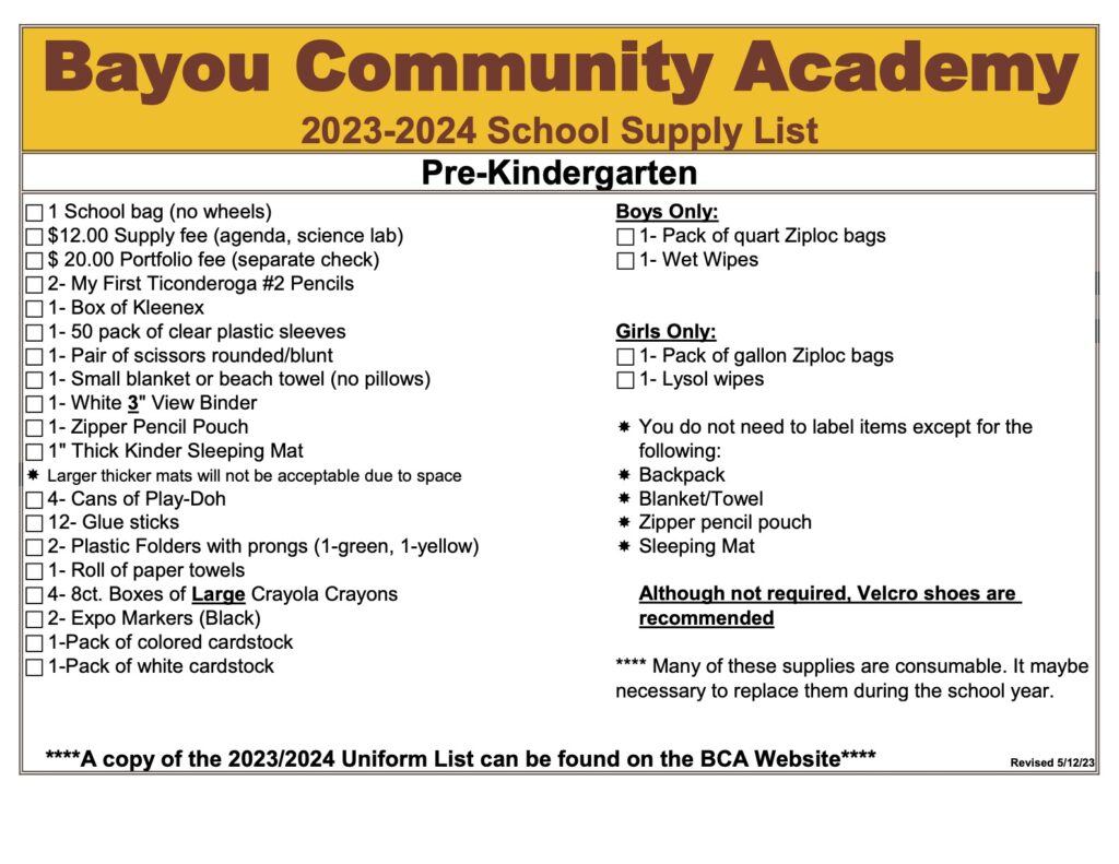SUPPLY LIST BCA Bayou Community Academy