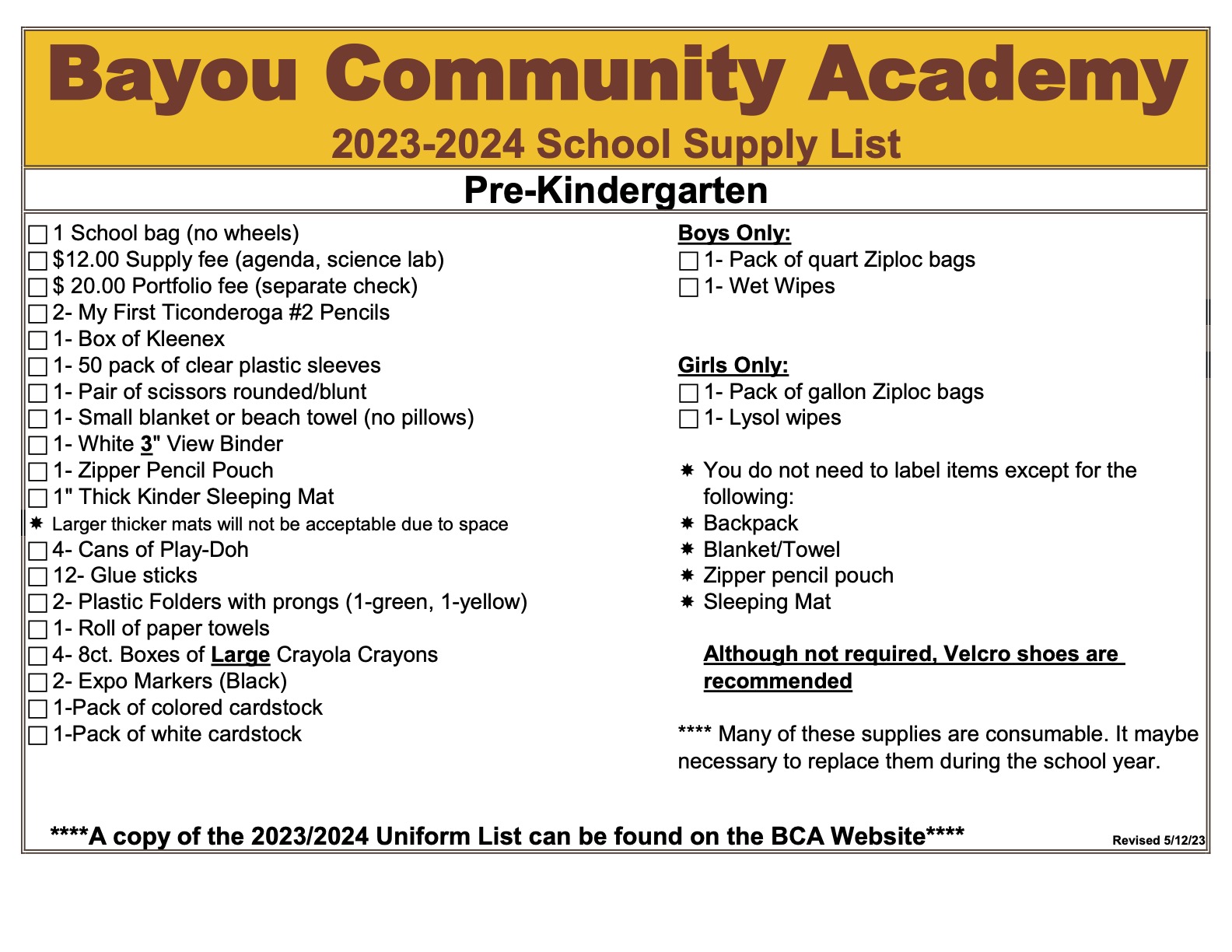 Pre-Kindergarten Supply List